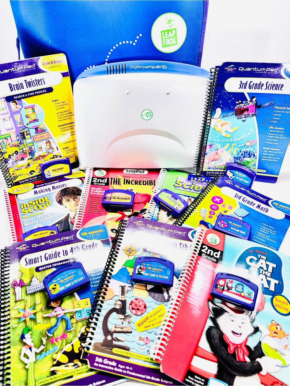 Leap Frog Leap Quantum Pad Learning System, 9 Books & Cartridges With Case Works
